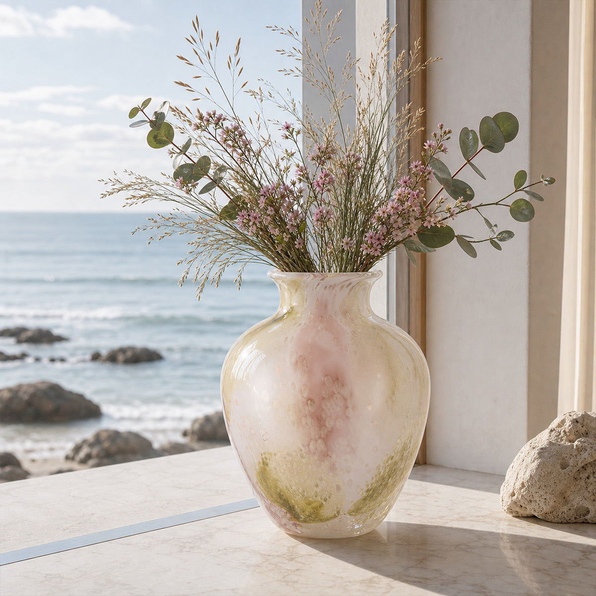 Pastel pink and green glass vase - Onda Vase Petal filled with delicate pink waxflowers, ornamental grass, and eucalyptus leaves. The rounded vase rests on a sunlit marble window sill next to a natural sea rock, with a stunning view of a blue rocky ocean in the background.