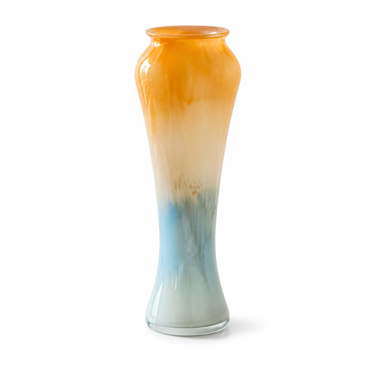 Onda Vase Solis: Gradient glass vase transitioning from orange to blue on a white background