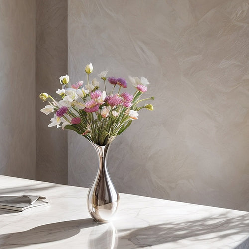Silver stainless steel modern vase with flowers on a marble surface against a textured wall.
