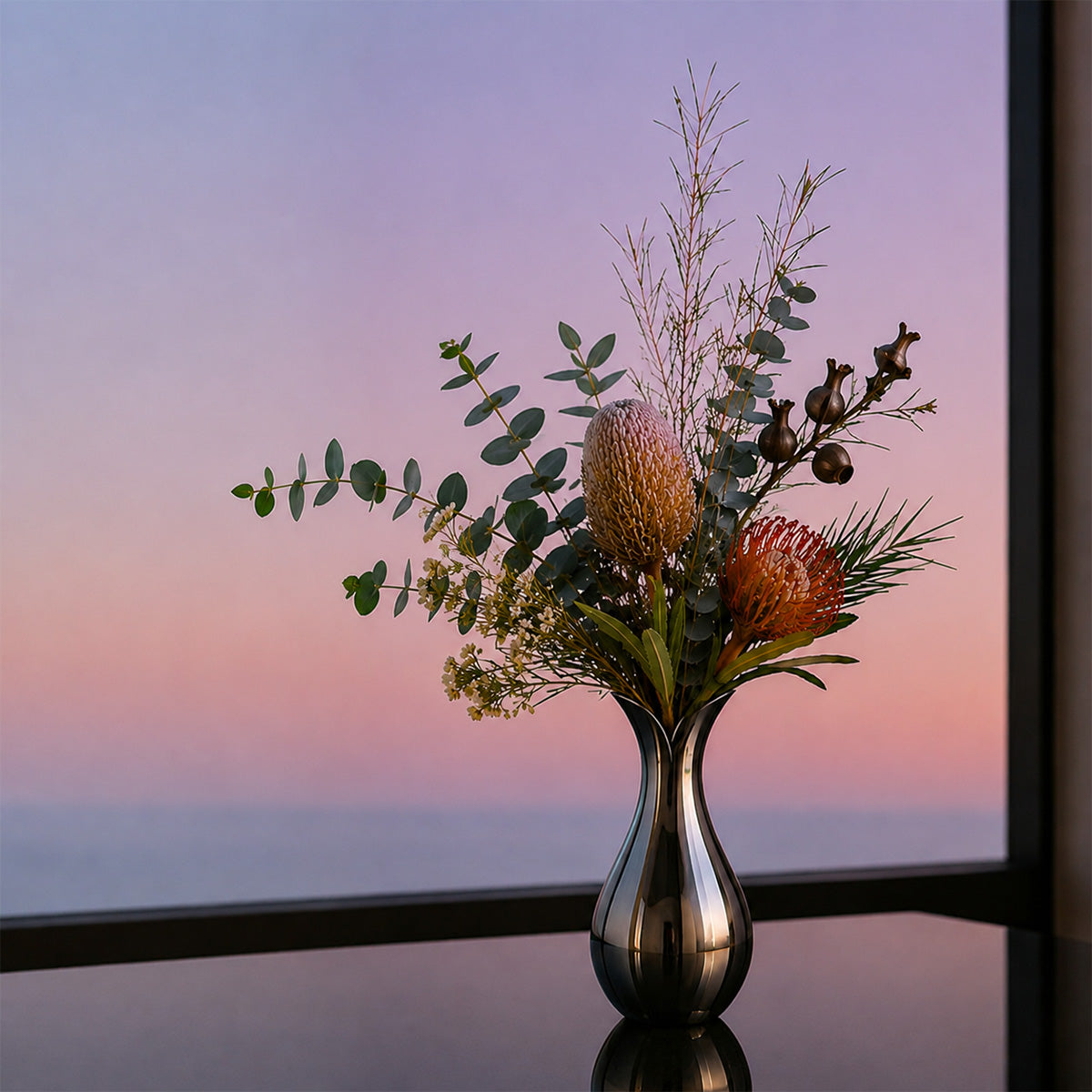 Silver stainless steel modern vase with flowers on a reflective surface at dawn
