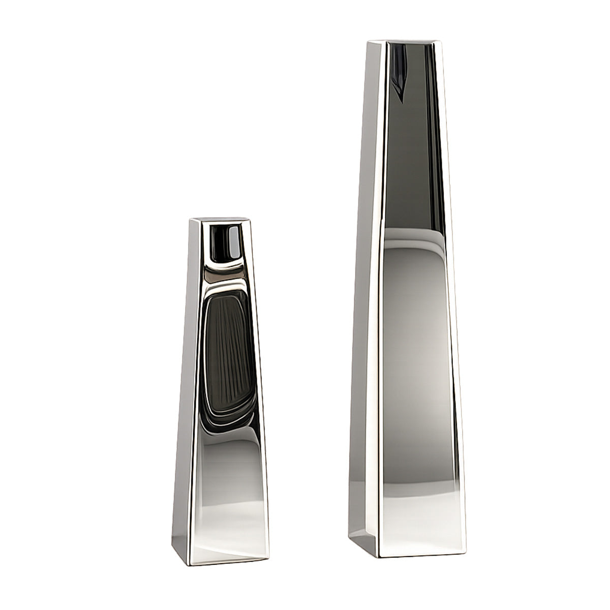Two metallic sculptural designer vase on a white background
