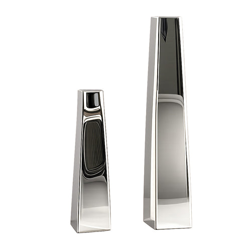 Two metallic sculptural designer vase on a white background