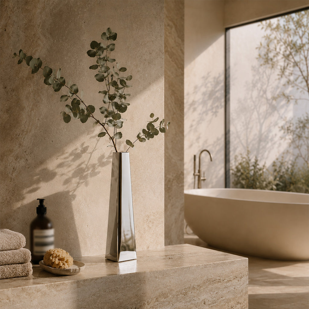 Bathroom setting with a polished stainless steel vase of greenery, towels, and a bathtub.