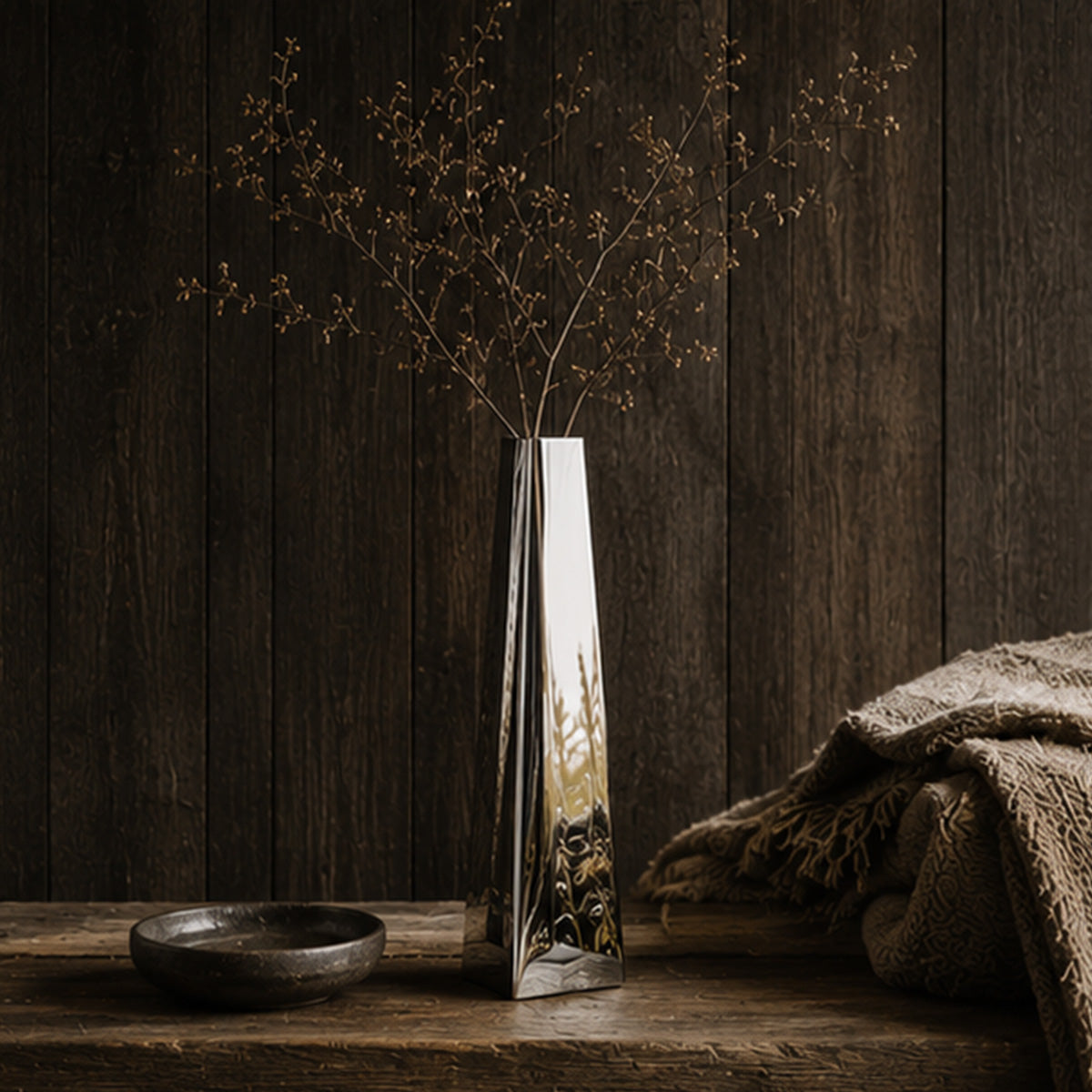 Designer stainless steel vase with dried branches on a wooden surface against a dark wooden wall in Dark Timber Wabi-Sabi Cabin