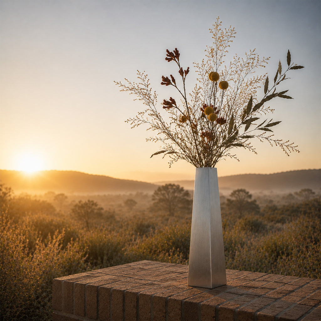 Vase with dried flowers on a ledge at sunset with a scenic wild meadow