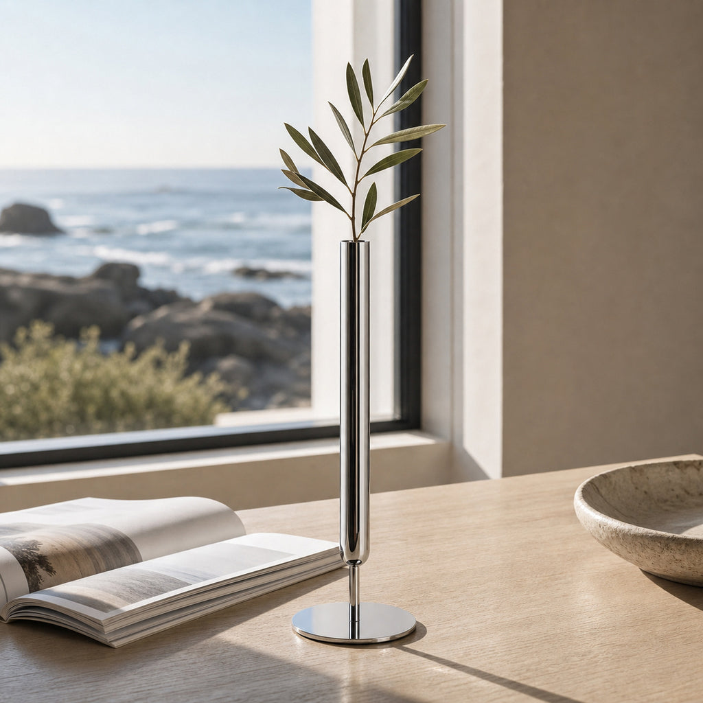 A tall, ultra-thin cylindrical contemporary metal vase, the Lumina Vase Axis, displaying a single green olive branch. The minimalist stem vase sits on a sunlit light wood table next to an open book and a rustic stone bowl, with a bright coastal window view of the ocean in the background.