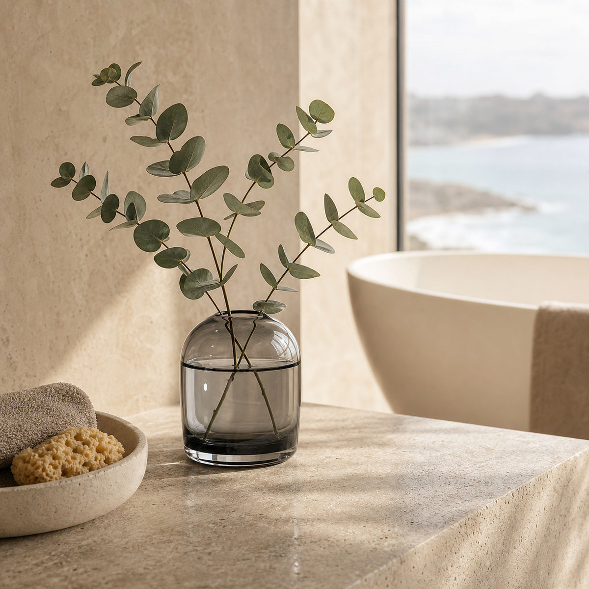 Decorative modern glass vase with green eucalyptus branches on a bathroom counter with a bathtub in the background near the sea