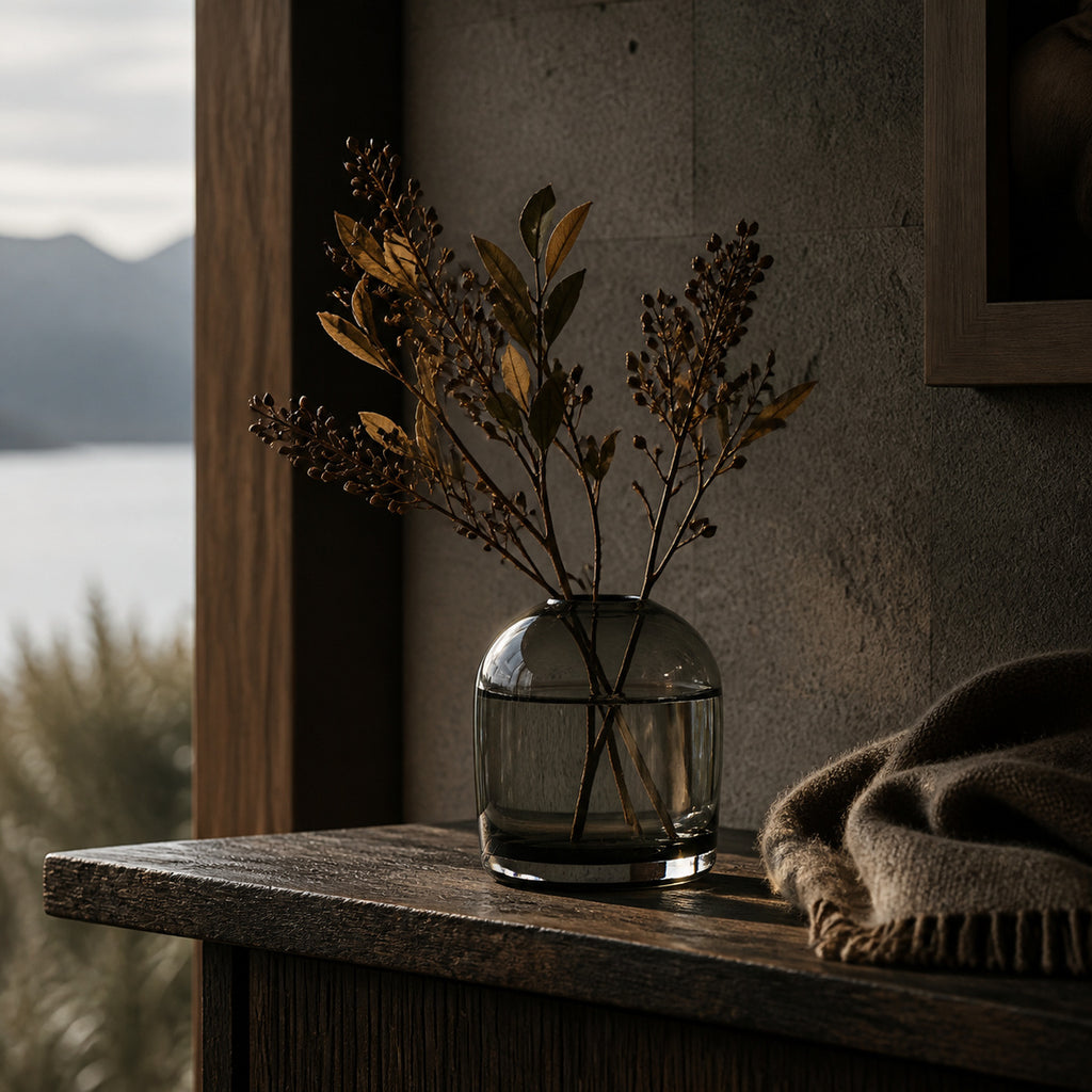Clear smoke glass modern vase with dried stem plants on a wooden surface near a window with a view of mountains.