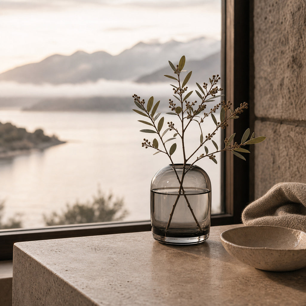 Clear smoke grey glass minimalist 
vase with branches on a stone surface by a window with a scenic lake and mountain view.