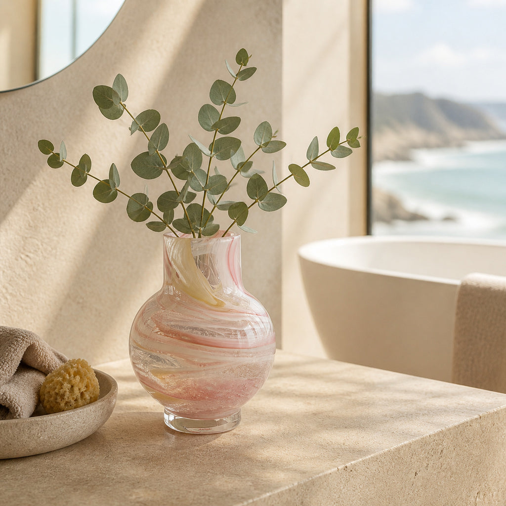 Decorative vase with green aus native branches on a stone surface near a bathtub and with water view.
