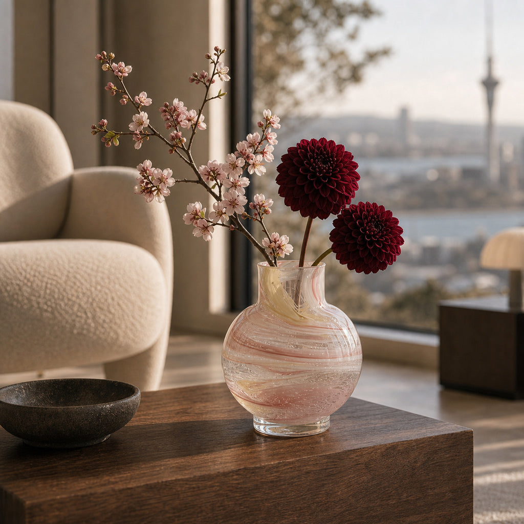Decorative pink hand made glass vase with flowers on a wooden coffee table in lounge room with a city view.