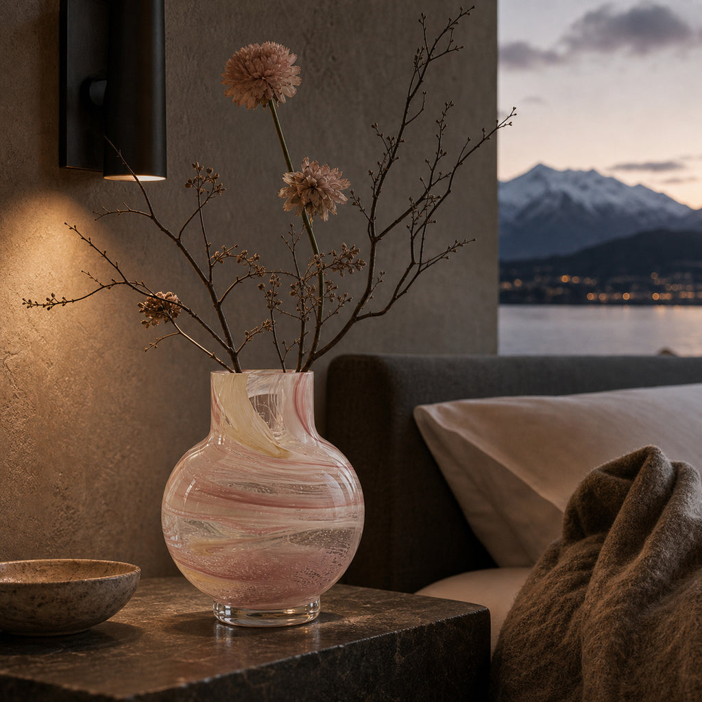 Decorative pink glass vase with flowers on a bedside table in a cozy bedroom room with mountains in the background