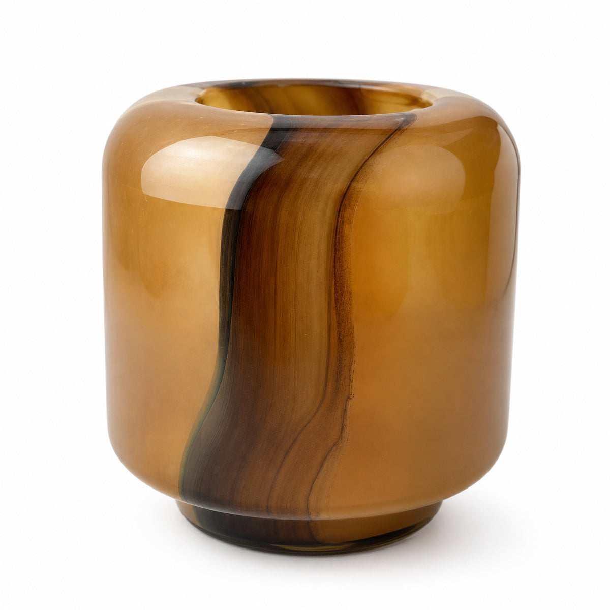 Onda Boleto handcrafted caramel-brown glass vase with dark flowing marbling on a white background