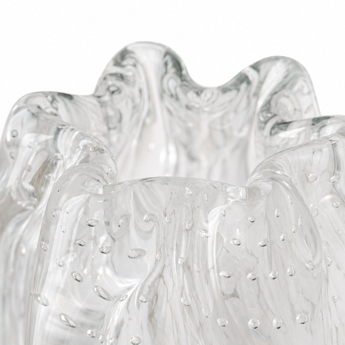 Close-up detail of the Onda Vase Calyx opening, featuring a wavy scalloped rim and an intricate textured surface with tiny trapped air bubbles, isolated on a white background.
