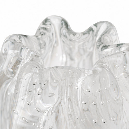 Close-up detail of the Onda Vase Calyx opening, featuring a wavy scalloped rim and an intricate textured surface with tiny trapped air bubbles, isolated on a white background.