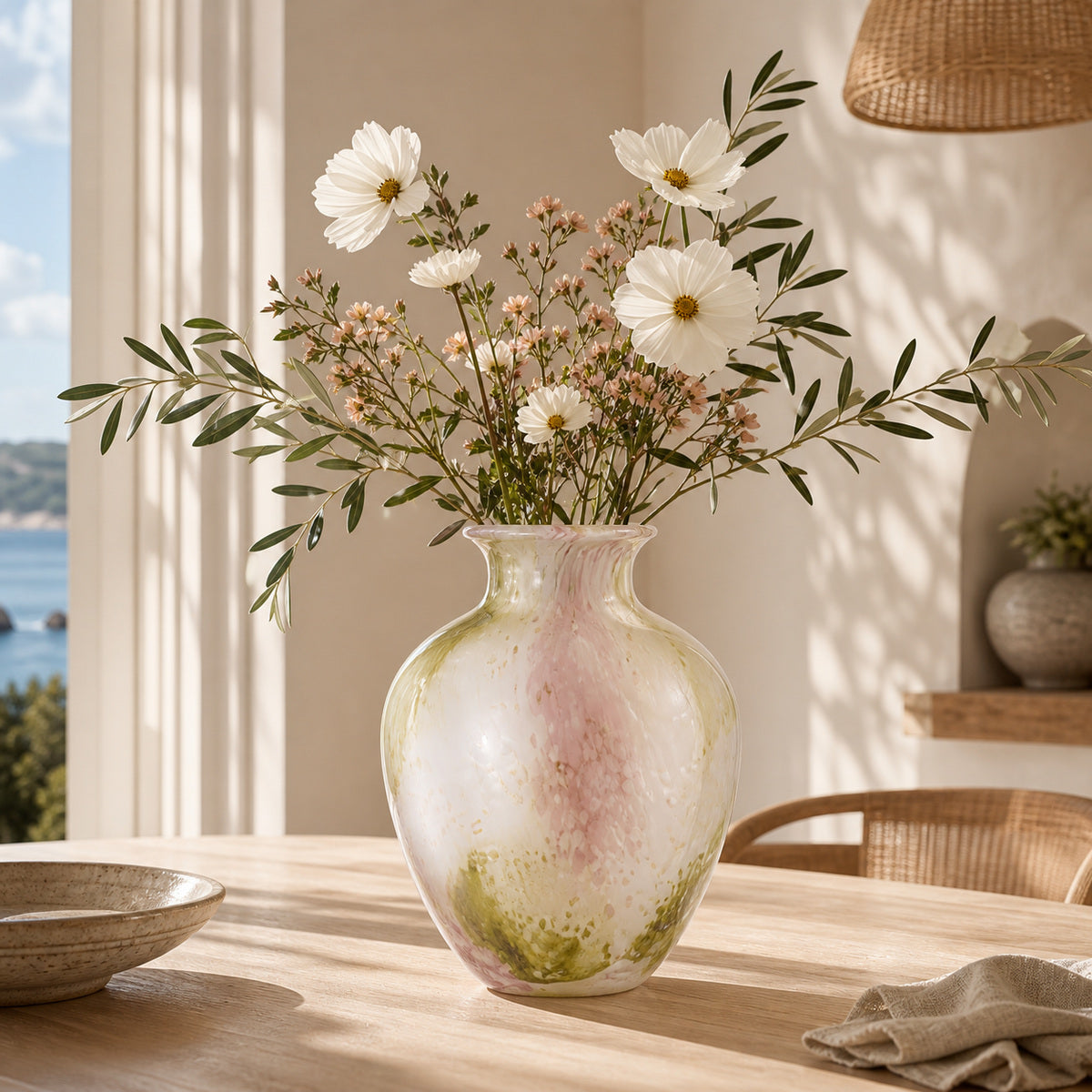 Pastel pink and green glass vase - Onda Vase Petal displaying airy white cosmos, pink filler flowers, and olive branches. The rounded vase is centered on a sunlit light wood dining table in a bright Mediterranean-style room. The serene setting features organic ceramic tableware, a rattan pendant light, warm sunlight casting shadows on plaster walls, and a window with a vibrant blue ocean view.
