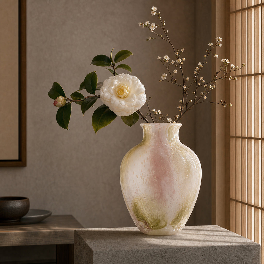 Pastel pink and green glass vase - Onda Vase Petal displaying a white camellia and delicate blossom branches. The vase sits on a textured stone pedestal in a Zen-inspired room with a traditional wooden lattice screen and soft natural lighting.