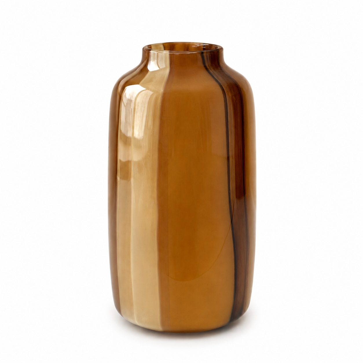 Amber striped glass vase - Onda Vase Toffane featuring vertical caramel and dark brown color bands, isolated on a white background.