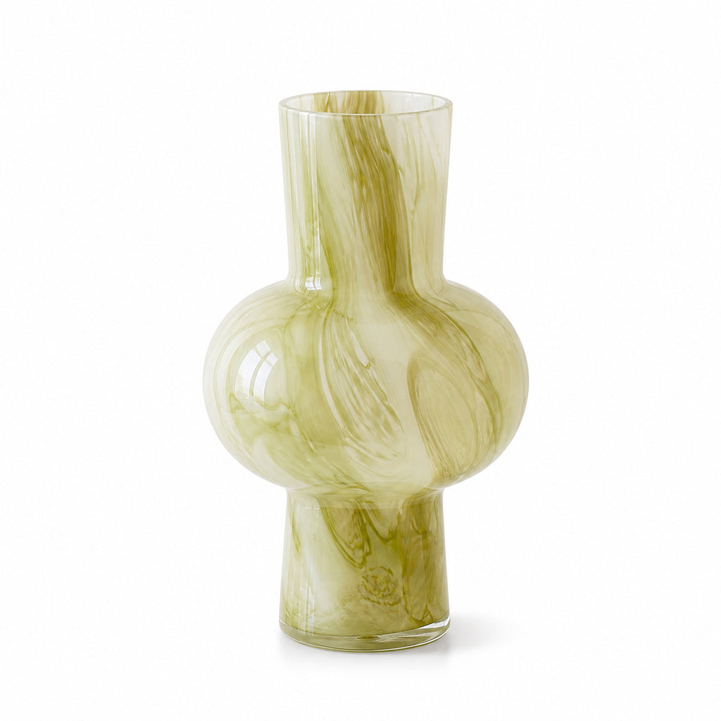 A product shot of the Onda vase verde, a unique, three-tiered modern glass vase with an intricate green and cream marbled, swirled pattern. Isolated on a clean white background, it showcases its distinctive shape and glass texture.