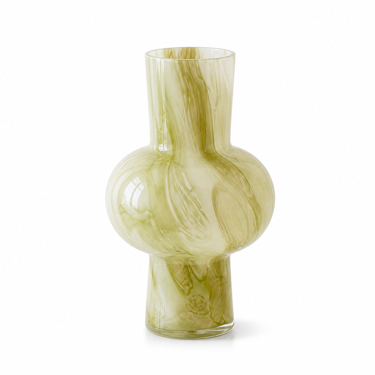 A product shot of the Onda vase verde, a unique, three-tiered modern glass vase with an intricate green and cream marbled, swirled pattern. Isolated on a clean white background, it showcases its distinctive shape and glass texture.