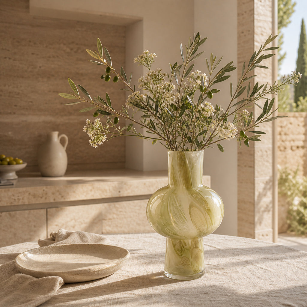 Green marbled glass vase - Onda vase verde styled with fresh olive branches and white blossoms. The vase sits on a sunlit linen-draped table next to a rustic ceramic plate, set in a bright Mediterranean-style room with textured stone walls and a view of cypress trees.