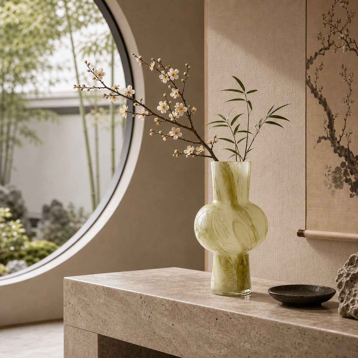 Green marbled glass vase - Onda vase verde displaying a delicate plum blossom branch and bamboo leaves. It sits on a textured stone console in a serene Zen-inspired interior, featuring a traditional Moon Gate window and an ink wash scroll painting.