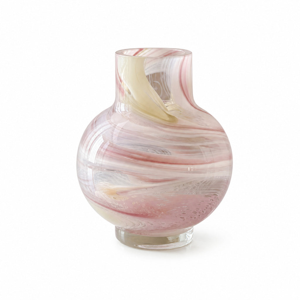 Glass vase with pink and white marbled pattern on a white background