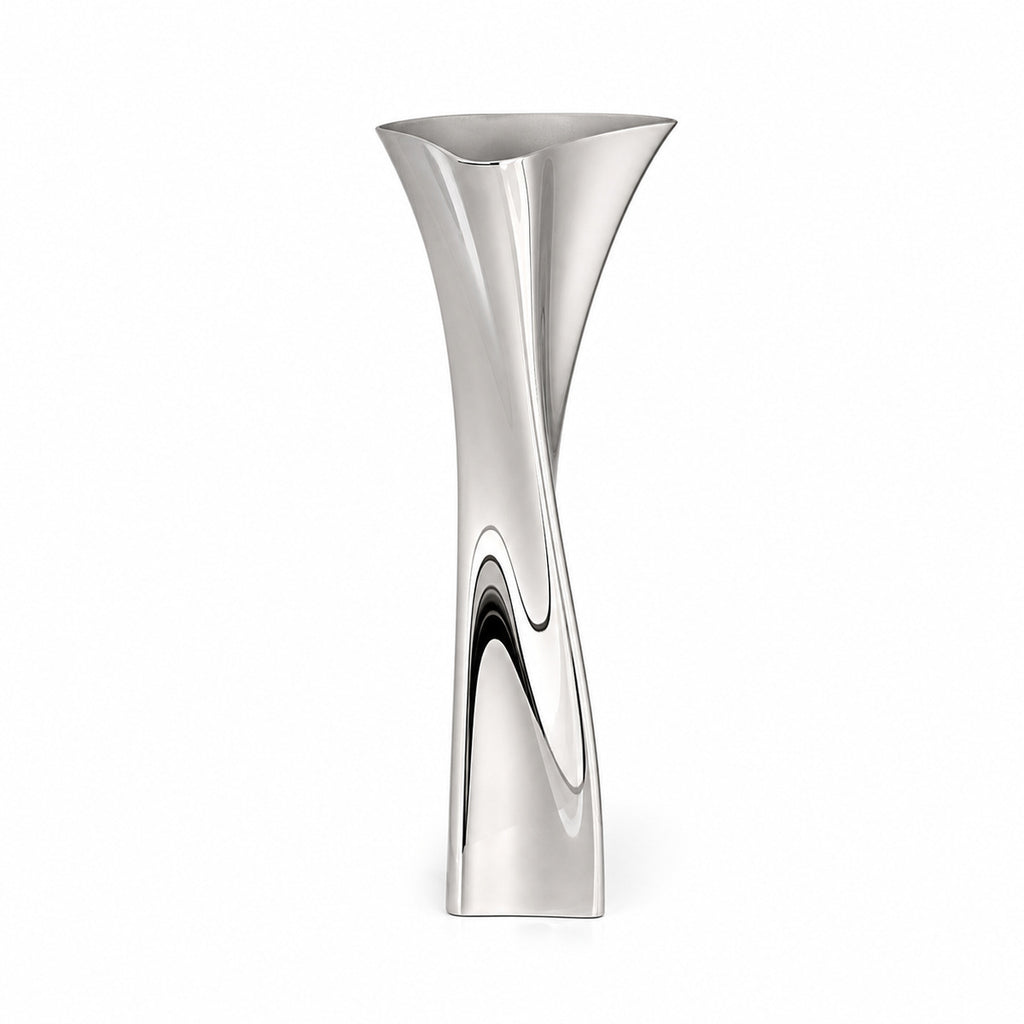 Silver stainless steel vase with a modern twist design on a white background