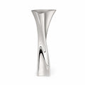 Silver stainless steel vase with a modern twist design on a white background