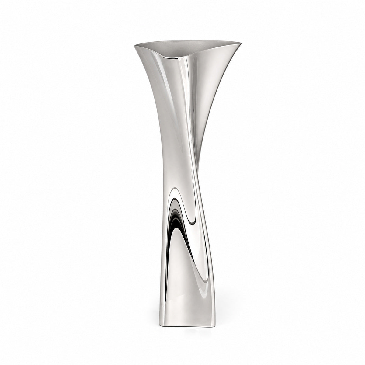 Silver stainless steel vase with a modern twist design on a white background