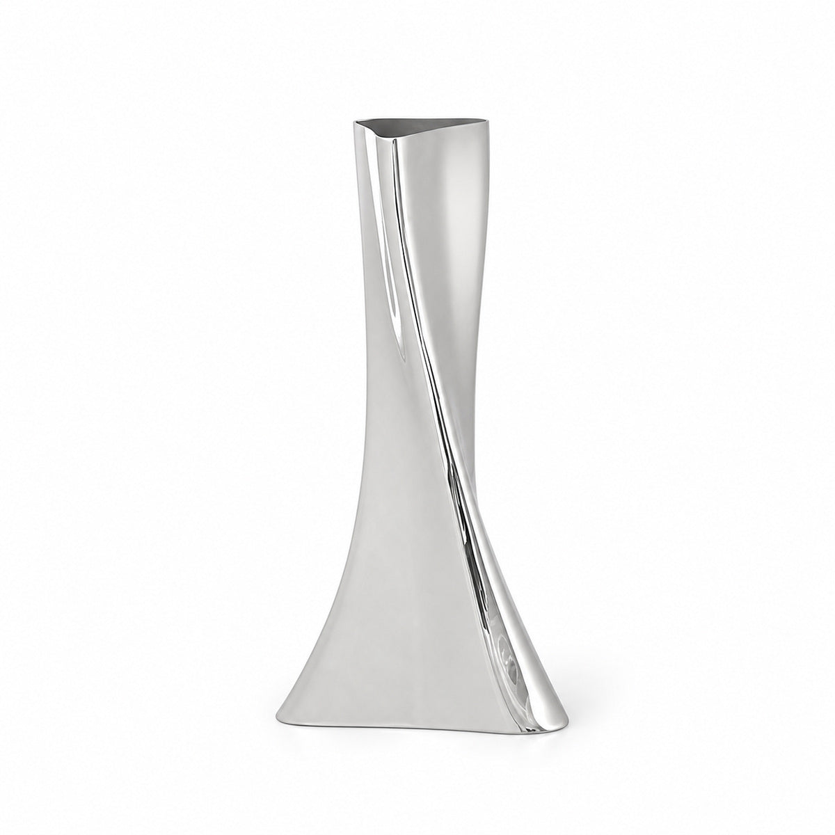Silver vase with a modern twist design on a white background