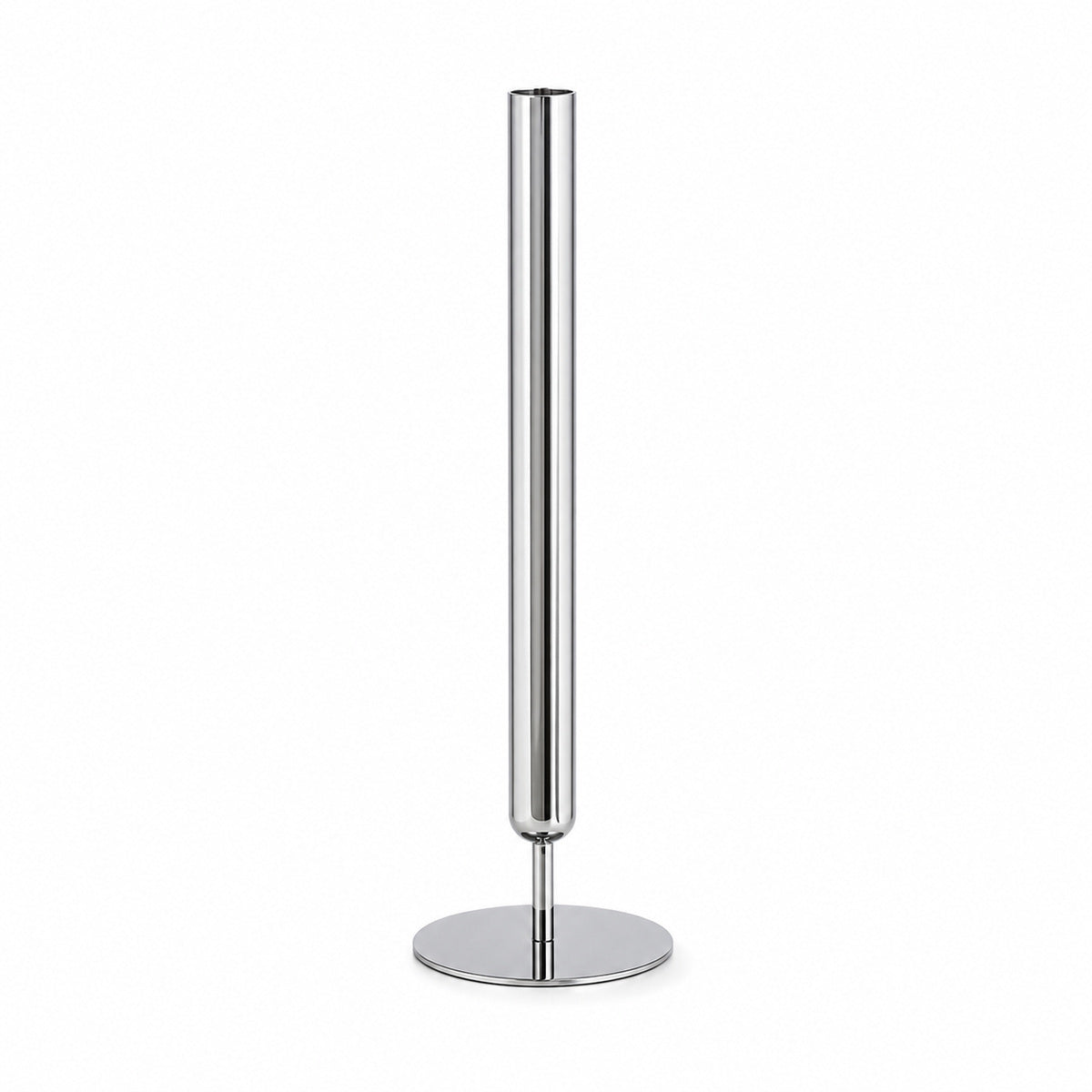 A tall, ultra-thin cylindrical metal vase, the Lumina Vase Axis, featuring a sleek silver stainless steel finish. The minimalist geometric stem vase is isolated on a clean white background.