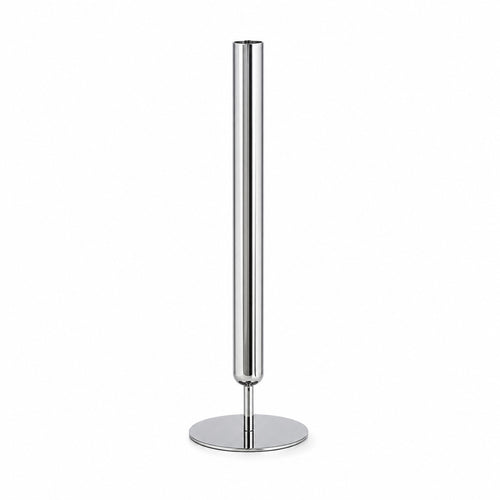 A tall, ultra-thin cylindrical metal vase, the Lumina Vase Axis, featuring a sleek silver stainless steel finish. The minimalist geometric stem vase is isolated on a clean white background.